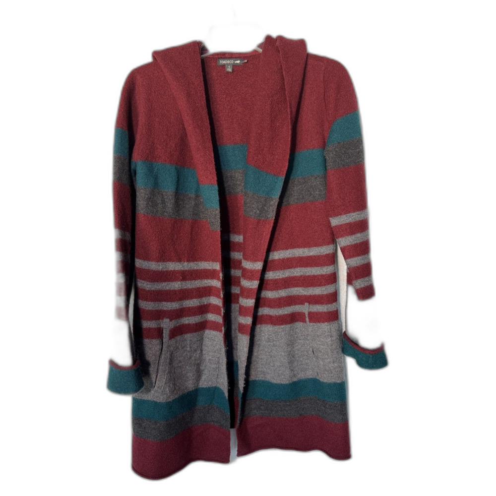 Toad&Co Merino Heartfelt Open Front Cardigan Hoodie Striped Wool Duster Small